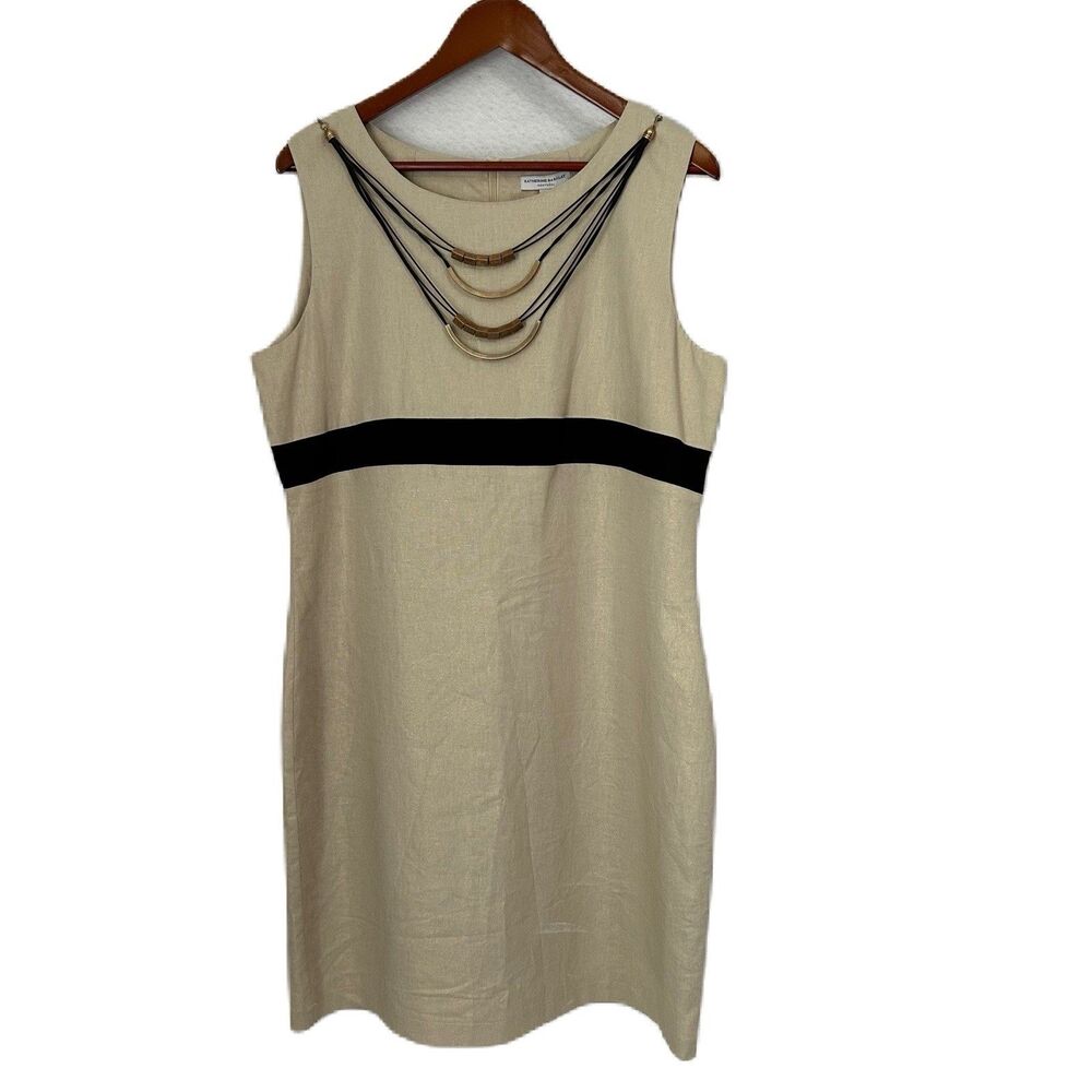 Katherine Barclay Dress Women L Gold Lame Linen Black Lined Jewelry Cocktail NWT